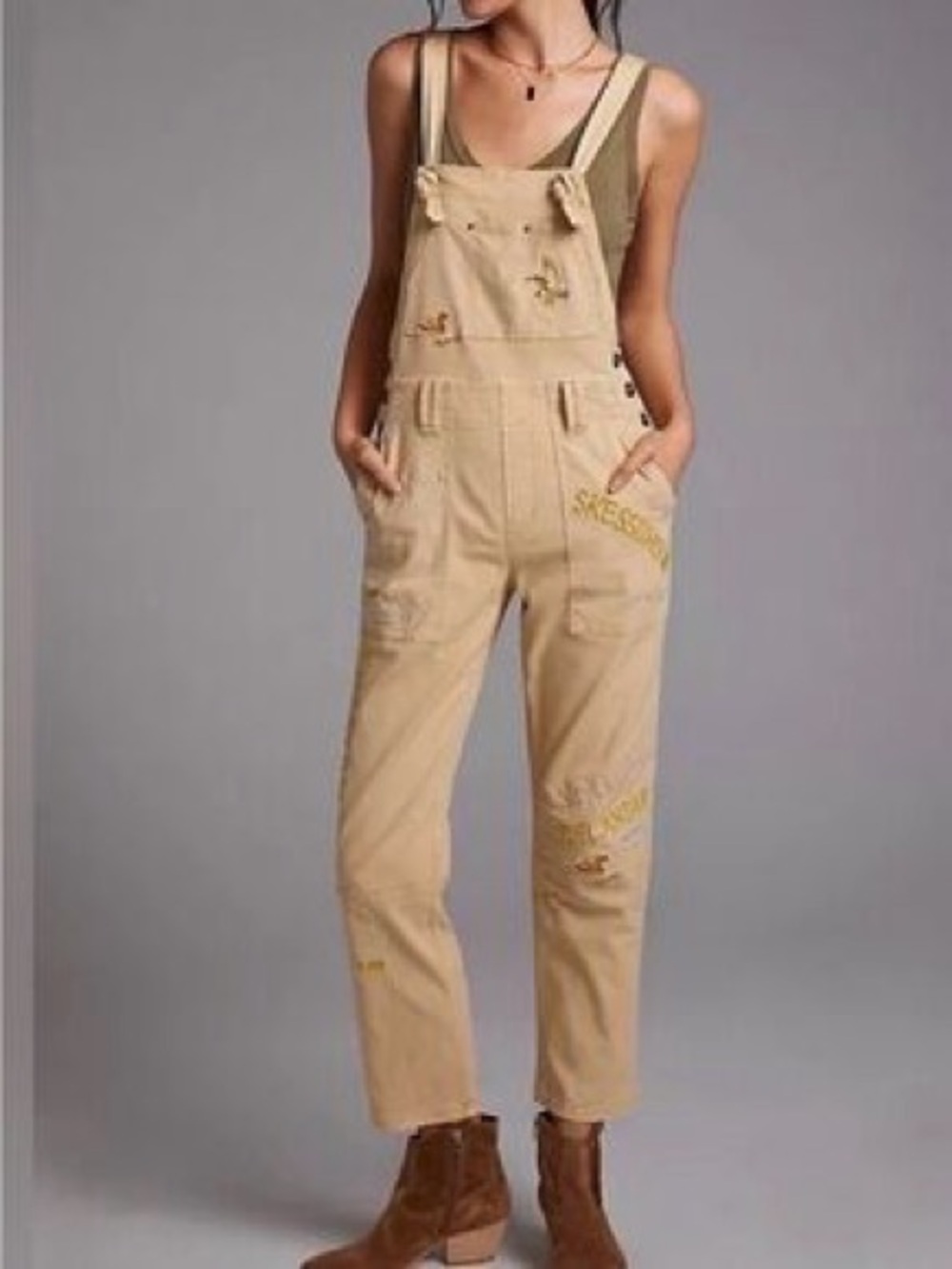 Anthropologie Pilcro S 30 Wanderer Cream Embroidered Boho Artsy Overalls